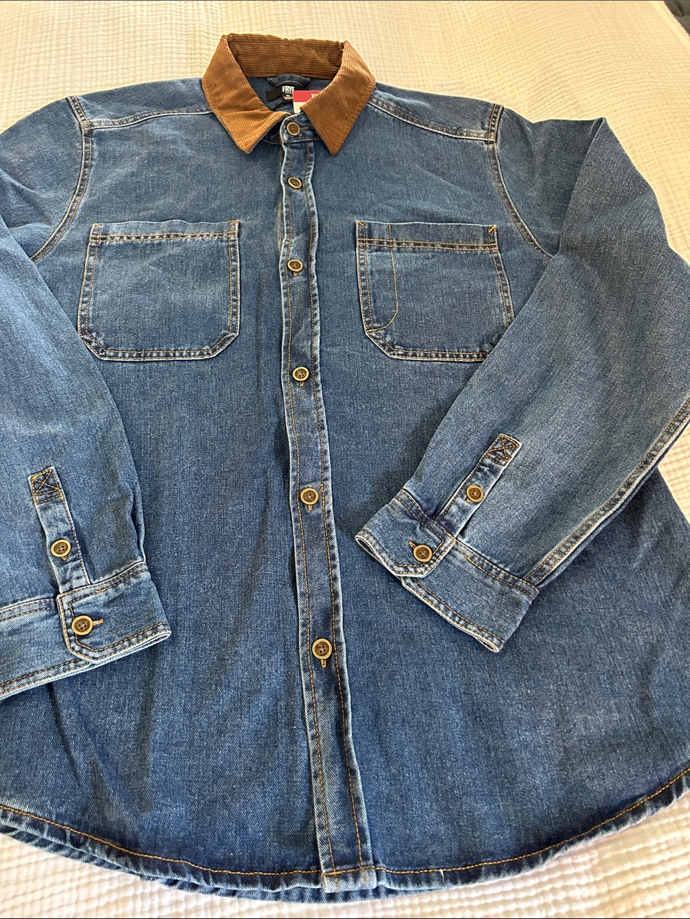 Frye Blue Denim Shirt with Brown Corduroy Collar